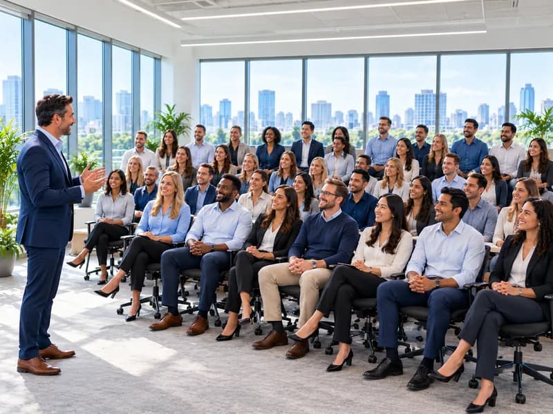 A business leader speaking with a large group of employees